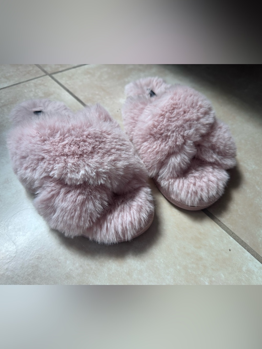 Nine West Faux Fur Cross Band Slippers Blush Pink | Plush House Shoes